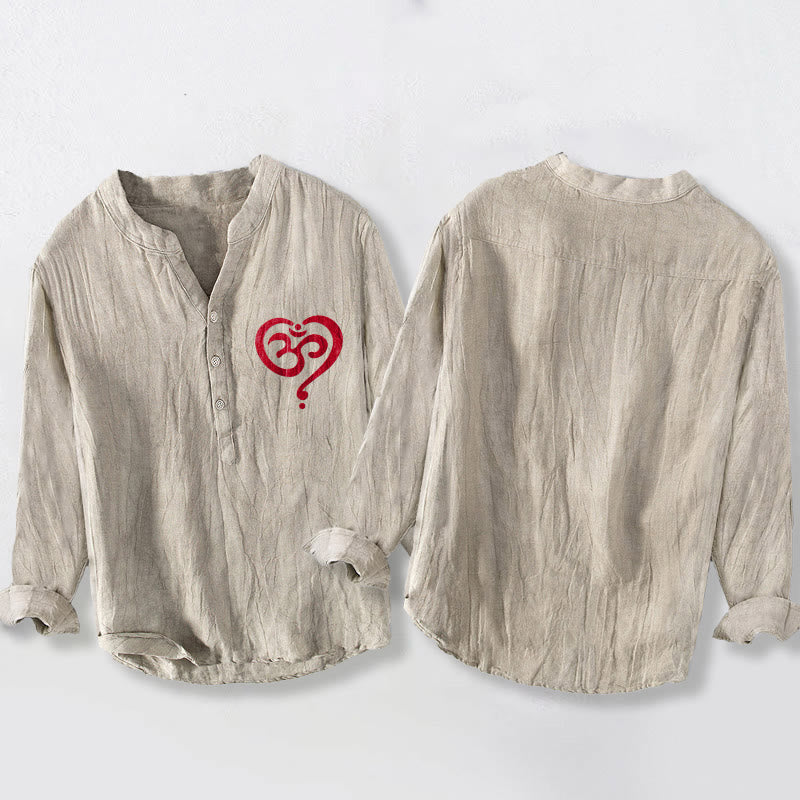 Camisa de manga larga de lino y algodón para hombre con diseño de corazón de Buddha Stones y símbolo OM, con botones y medio cuello. - image 2