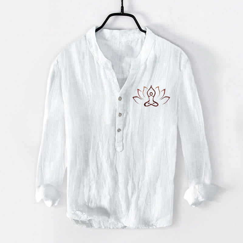 Camisa de manga larga de lino y algodón para hombre con diseño de Buddha Stones, figura de loto meditando y botones. - Blanco - US/UK/AU50, EU60 (5XL) - image 6