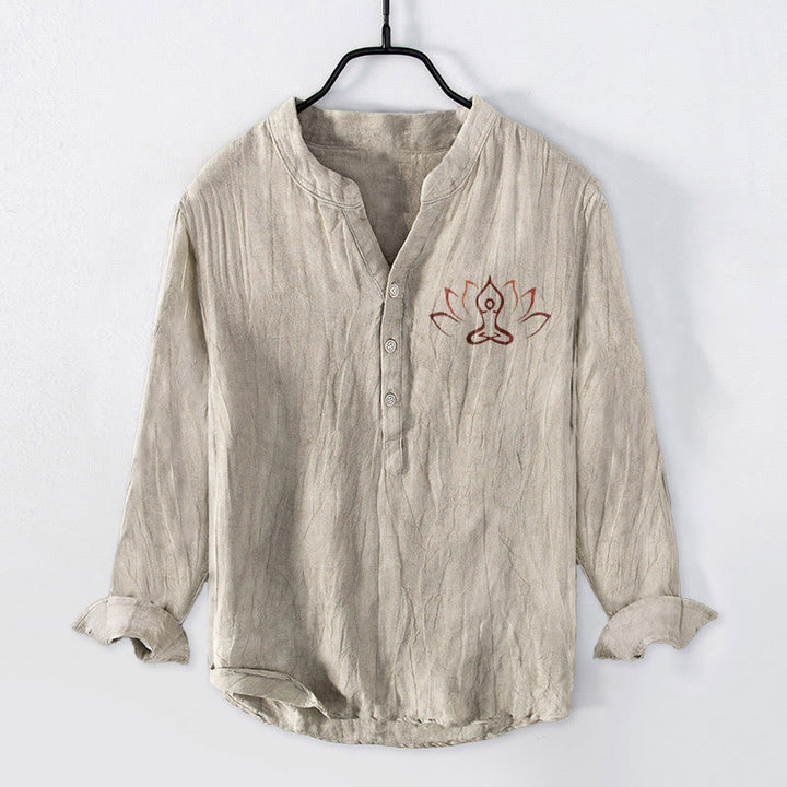 Camisa de manga larga de lino y algodón para hombre con diseño de Buddha Stones, figura de loto meditando y botones. - Lino - US/UK/AU50, UE60 (5XL) - image 0