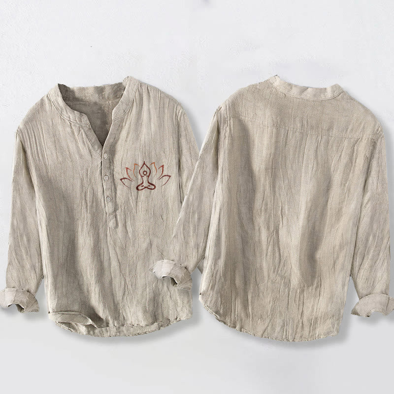 Camisa de manga larga de lino y algodón para hombre con diseño de Buddha Stones, figura de loto meditando y botones. - image 2