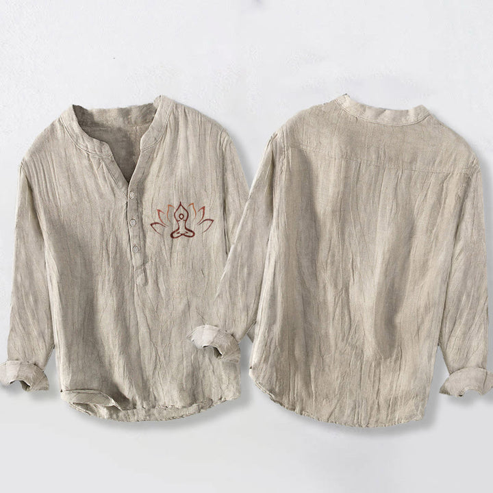 Camisa de manga larga de lino y algodón para hombre con diseño de Buddha Stones, figura de loto meditando y botones. - image 2
