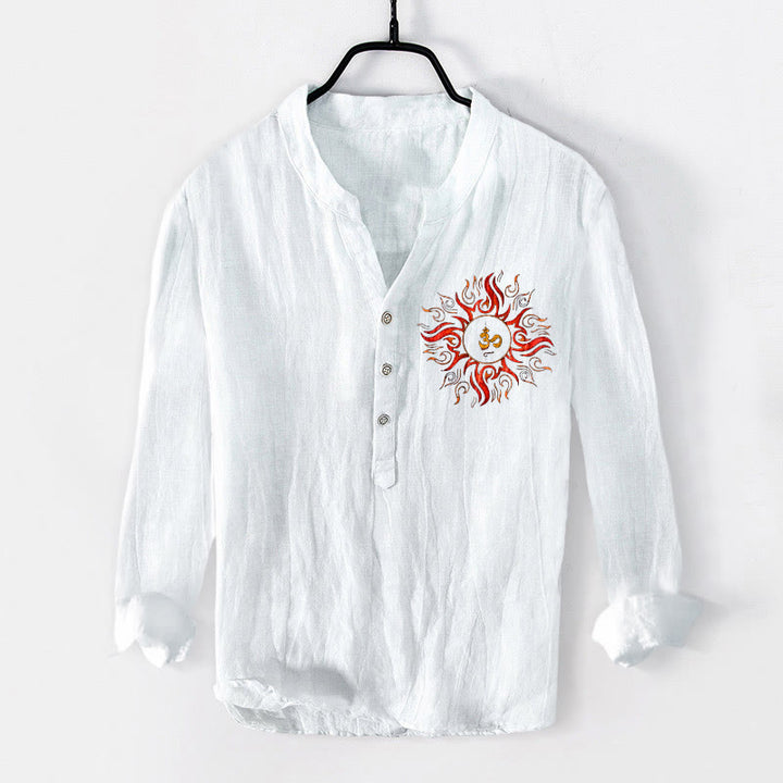 Camisa de manga larga de algodón y lino para hombre con diseño de símbolo OM en forma de sol y Buddha Stones , con botones y medio cuello - Blanco - US/UK/AU50, UE60 (5XL) - image 6