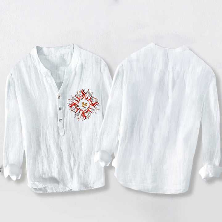 Camisa de manga larga de algodón y lino para hombre con diseño de símbolo OM en forma de sol y Buddha Stones , con botones y medio cuello - image 8
