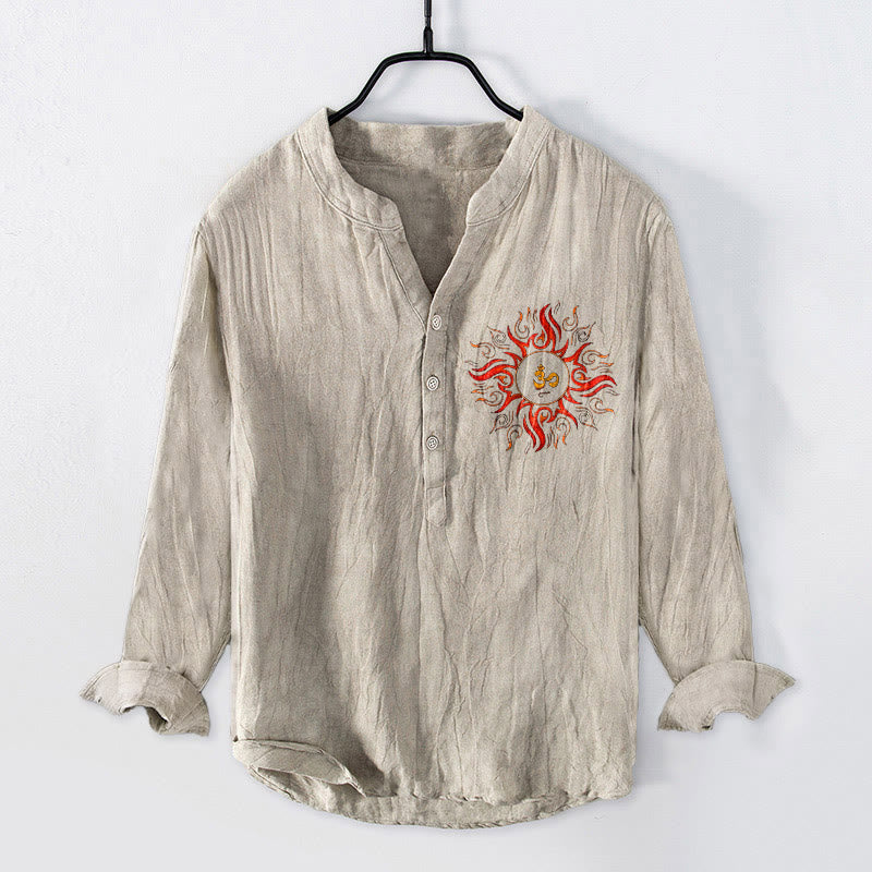 Camisa de manga larga de algodón y lino para hombre con diseño de símbolo OM en forma de sol y Buddha Stones , con botones y medio cuello - Lino - US/UK/AU50, UE60 (5XL) - image 0
