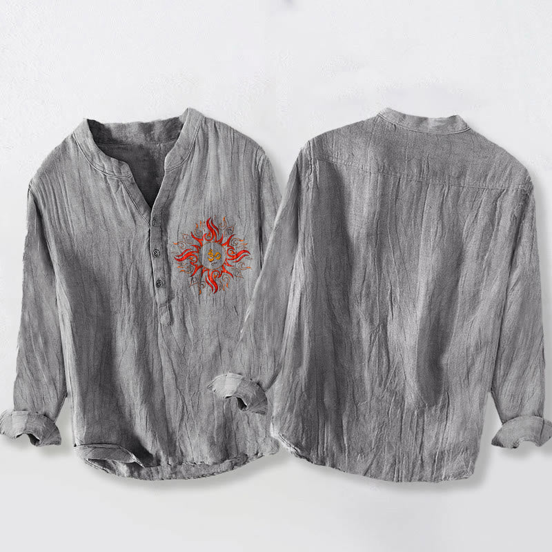Camisa de manga larga de algodón y lino para hombre con diseño de símbolo OM en forma de sol y Buddha Stones , con botones y medio cuello - image 5