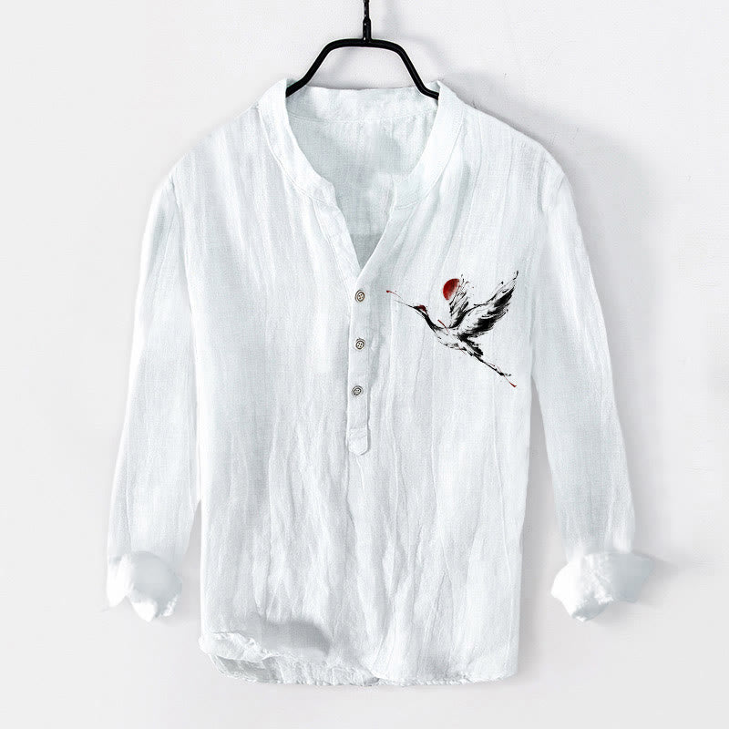 Camisa de manga larga de algodón y lino para hombre con diseño de Buddha Stones, grulla voladora y sol, con botones y medio cuello - Blanco - US/UK/AU50, UE60 (5XL) - image 6