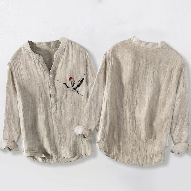 Camisa de manga larga de algodón y lino para hombre con diseño de Buddha Stones, grulla voladora y sol, con botones y medio cuello - image 2