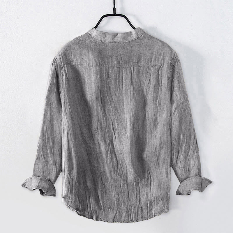 Camisa de manga larga de algodón y lino para hombre con diseño de Buddha Stones, grulla voladora y sol, con botones y medio cuello - image 4