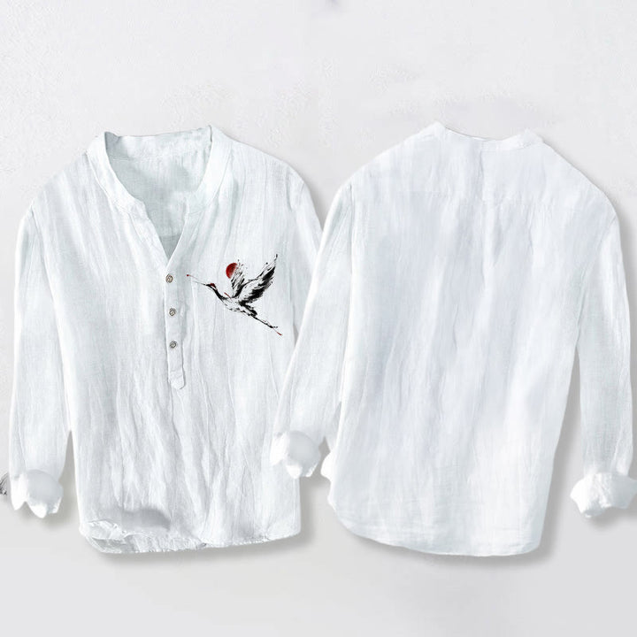 Camisa de manga larga de algodón y lino para hombre con diseño de Buddha Stones, grulla voladora y sol, con botones y medio cuello - image 8