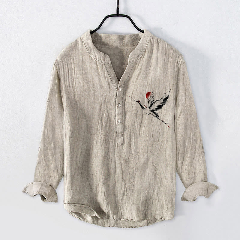 Camisa de manga larga de algodón y lino para hombre con diseño de Buddha Stones, grulla voladora y sol, con botones y medio cuello - Lino - US/UK/AU50, UE60 (5XL) - image 0