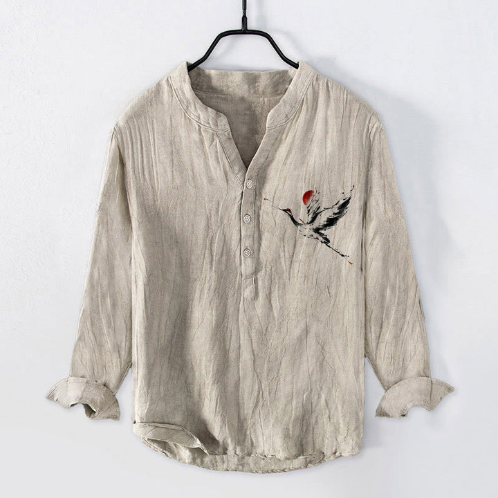 Camisa de manga larga de algodón y lino para hombre con diseño de Buddha Stones, grulla voladora y sol, con botones y medio cuello - Lino - US/UK/AU50, EU60 (5XL) - image 0