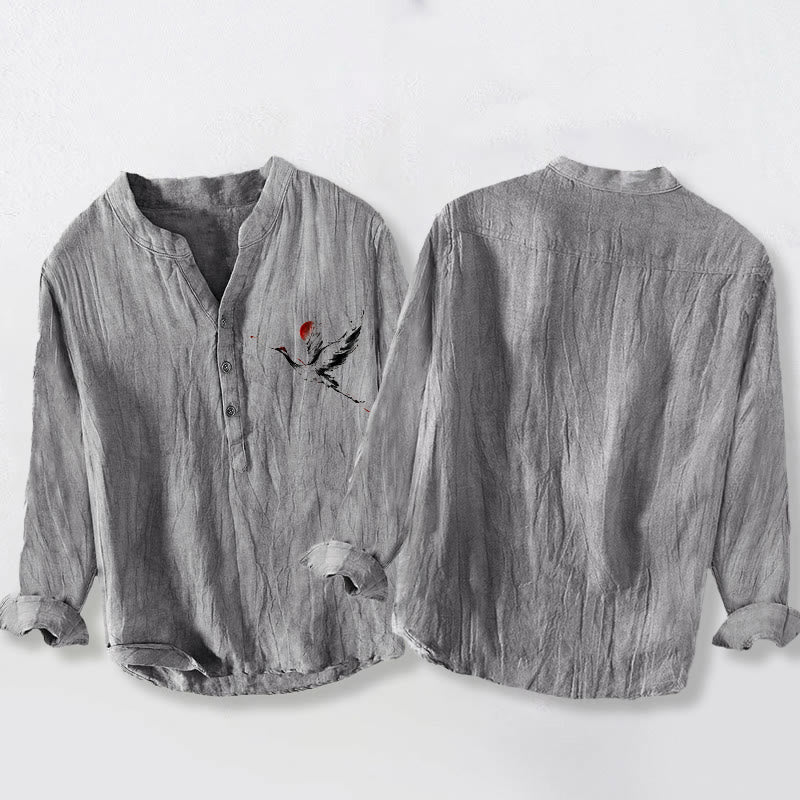 Camisa de manga larga de algodón y lino para hombre con diseño de Buddha Stones, grulla voladora y sol, con botones y medio cuello - image 5