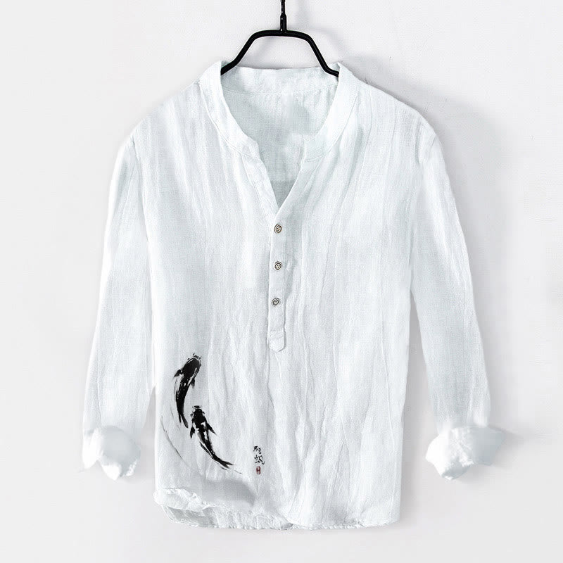 Camisa de manga larga de algodón y lino para hombre con estampado de dos peces koi y Buddha Stones , con botones y medio cuerpo - Blanco - US/UK/AU50, UE60 (5XL) - image 6