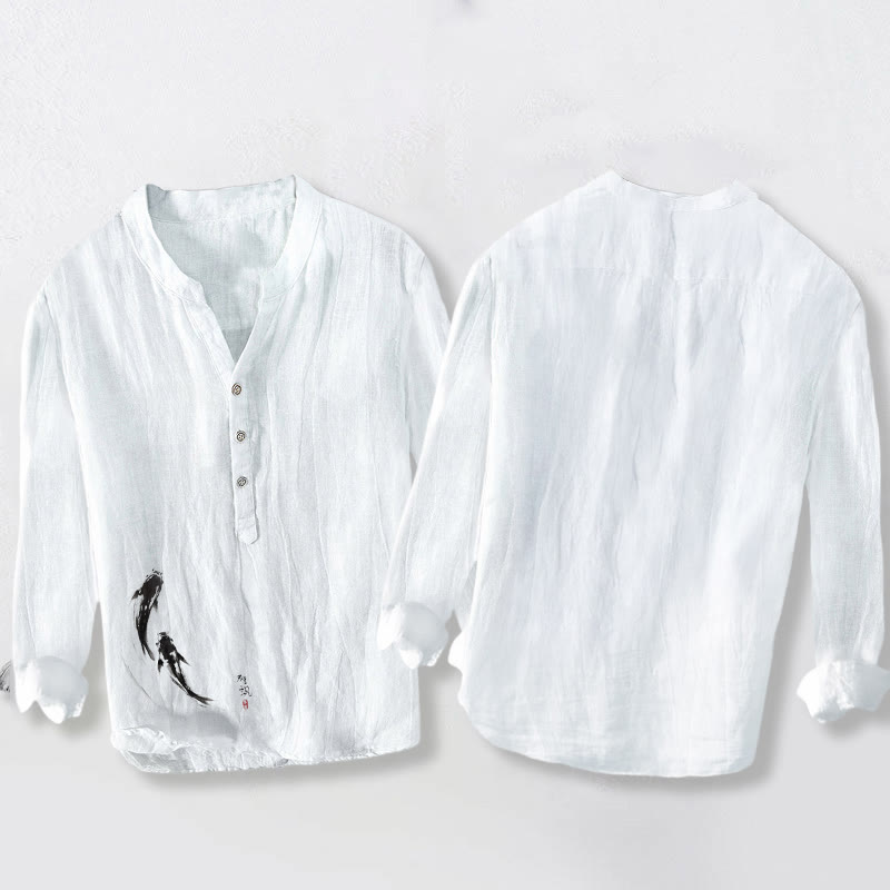 Camisa de manga larga de algodón y lino para hombre con estampado de dos peces koi y Buddha Stones , con botones y medio cuerpo - image 8