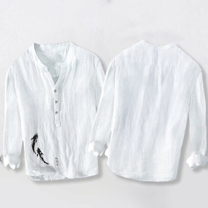 Camisa de manga larga de algodón y lino para hombre con estampado de dos peces koi y Buddha Stones , con botones y medio cuerpo - image 8