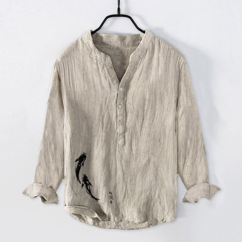 Camisa de manga larga de algodón y lino para hombre con estampado de dos peces koi y Buddha Stones , con botones y medio cuerpo - Lino - US/UK/AU50, UE60 (5XL) - image 0