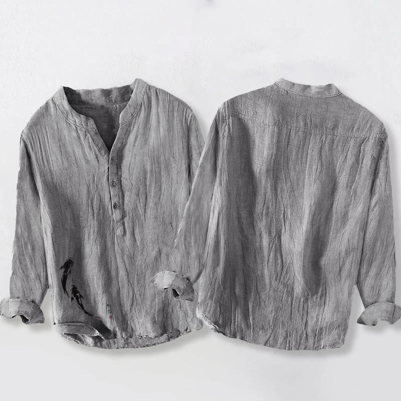 Camisa de manga larga de algodón y lino para hombre con estampado de dos peces koi y Buddha Stones , con botones y medio cuerpo - image 5