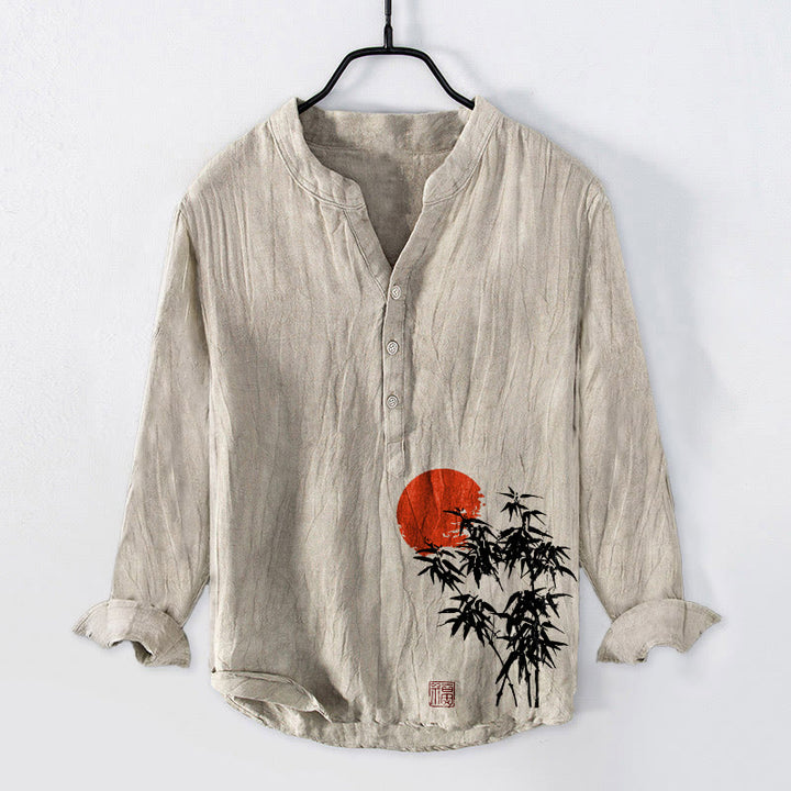 Camisa de manga larga de lino y algodón para hombre con estampado de sol rojo, hojas de bambú y Buddha Stones , con botones y medio cuello - Lino - US/UK/AU50, EU60 (5XL) - image 0