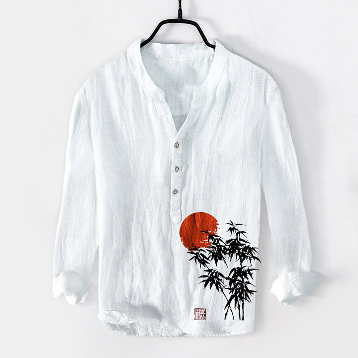 Camisa de manga larga de lino y algodón para hombre con estampado de sol rojo, hojas de bambú y Buddha Stones , con botones y medio cuello - Blanco - US/UK/AU50, UE60 (5XL) - image 6