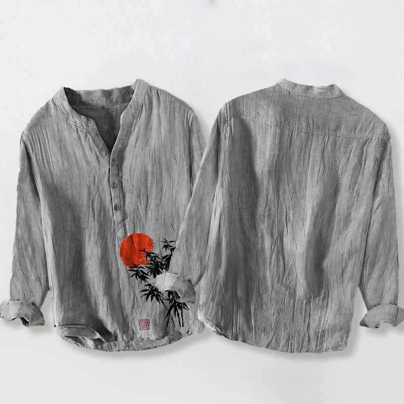 Camisa de manga larga de lino y algodón para hombre con estampado de sol rojo, hojas de bambú y Buddha Stones , con botones y medio cuello - image 5