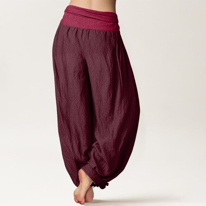 Pantalones harén de algodón puro Buddha Stones para mujer, color granate, con cintura elástica - image 1
