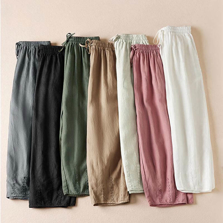 Pantalones harén con bordado de flores pequeñas de verano y bolsillos de Buddha Stones - image 1