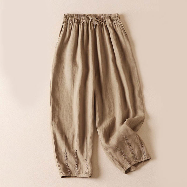 Pantalones harem de verano con bordado de flores pequeñas y Buddha Stones, con bolsillos. - Trigo - US8-10，UK/AU12-14，EU40-42 (2XL) - image 0