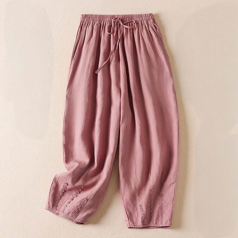 Pantalones harem de verano con bordado de flores pequeñas y Buddha Stones, con bolsillos. - rosa claro - US8-10，UK/AU12-14，EU40-42 (2XL) - image 10