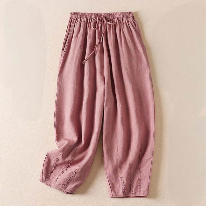 Pantalones harem de verano con bordado de flores pequeñas y Buddha Stones, con bolsillos. - rosa claro - US8-10，UK/AU12-14，EU40-42 (2XL) - image 10