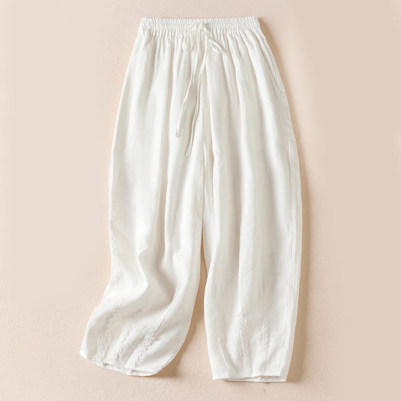 Pantalones harem de verano con bordado de flores pequeñas y Buddha Stones, con bolsillos. - Blanco - US8-10，UK/AU12-14，EU40-42 (2XL) - image 17