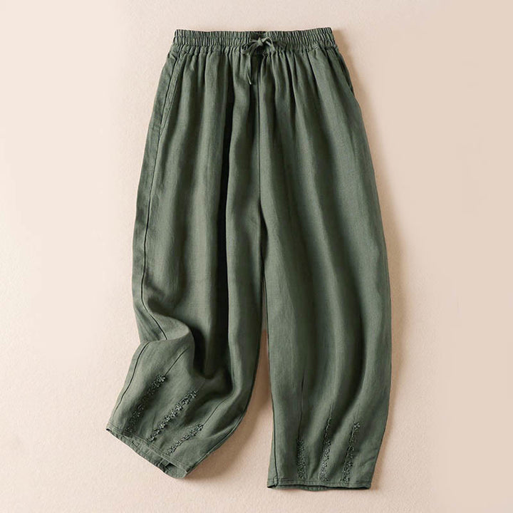 Pantalones harem de verano con bordado de flores pequeñas y Buddha Stones, con bolsillos. - Verde mar oscuro - US8-10，UK/AU12-14，EU40-42 (2XL) - image 28