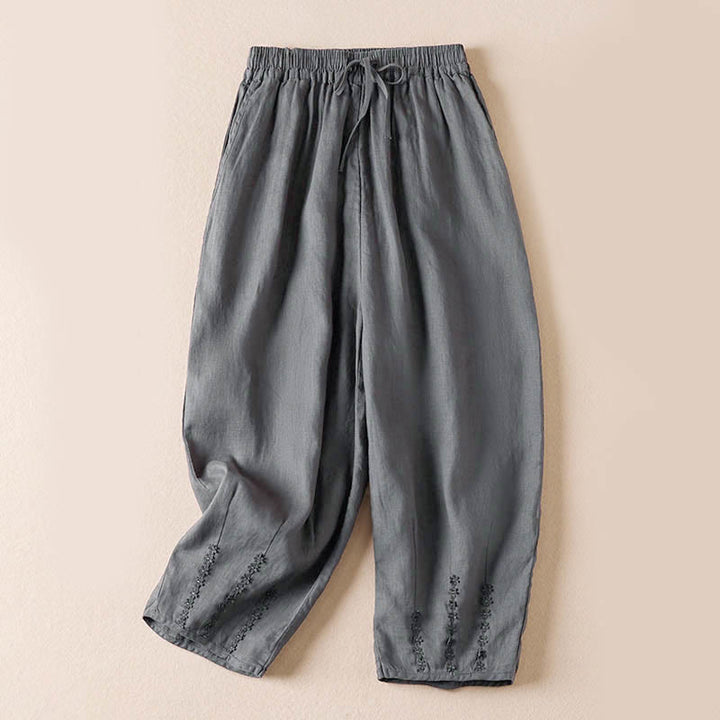 Pantalones harem de verano con bordado de flores pequeñas y Buddha Stones, con bolsillos. - Gris oscuro - US8-10，UK/AU12-14，EU40-42 (2XL) - image 34