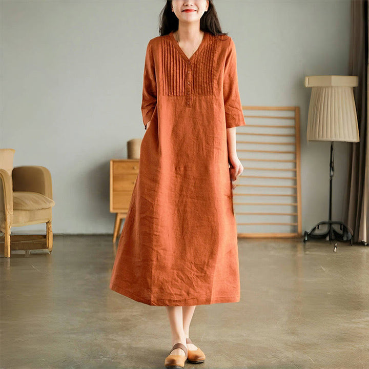 Vestido midi informal con diseño de acordeón, cuello en V, media manga y bolsillos, de Buddha Stones - Coral - US12, UK/AU16, EU44 (3XL) - image 6