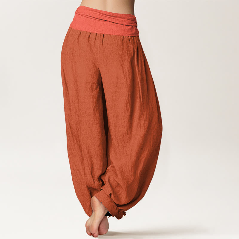 Buddha Stones Pantalones harén de algodón puro con cintura elástica para mujer de color naranja y rojo - image 1