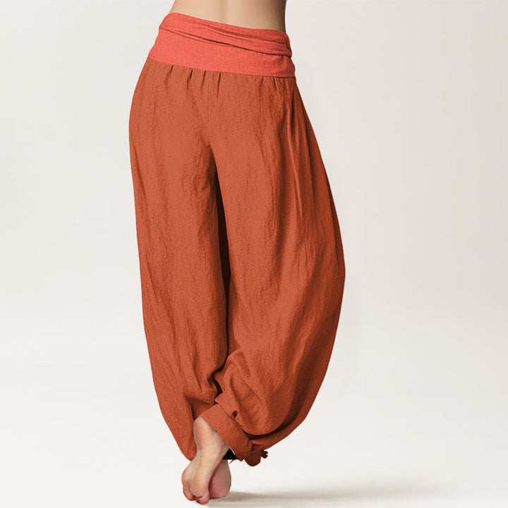 Buddha Stones Pantalones harén de algodón puro con cintura elástica para mujer de color naranja y rojo - image 1