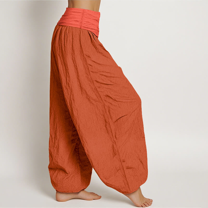 Buddha Stones Pantalones harén de algodón puro con cintura elástica para mujer de color naranja y rojo - image 2