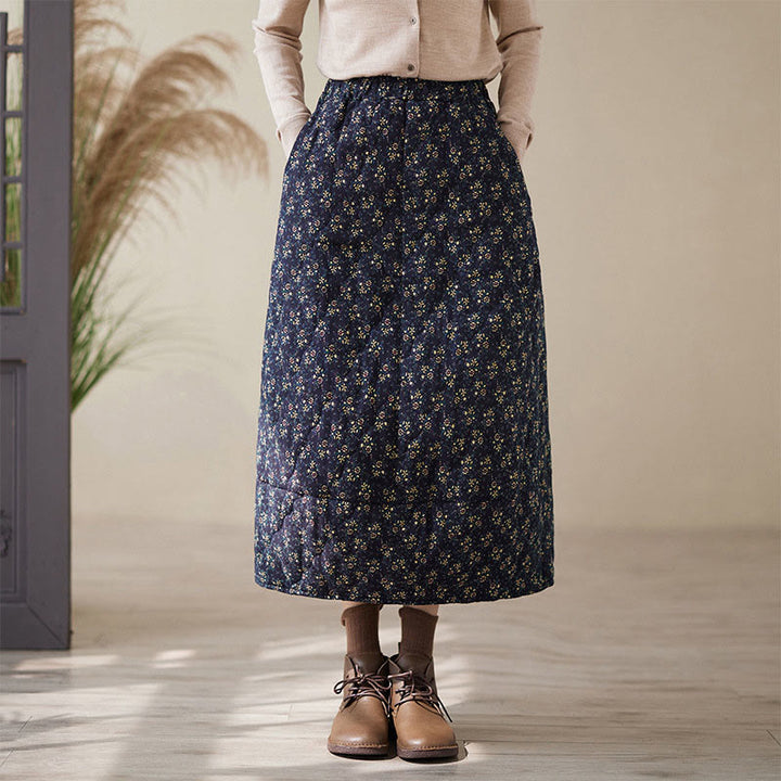 Falda midi de algodón con cintura elástica y bolsillos para mujer, con estampado floral vintage de Buddha Stones - Azul medianoche - US6，UK/AU10，EU38 (XL) - image 0