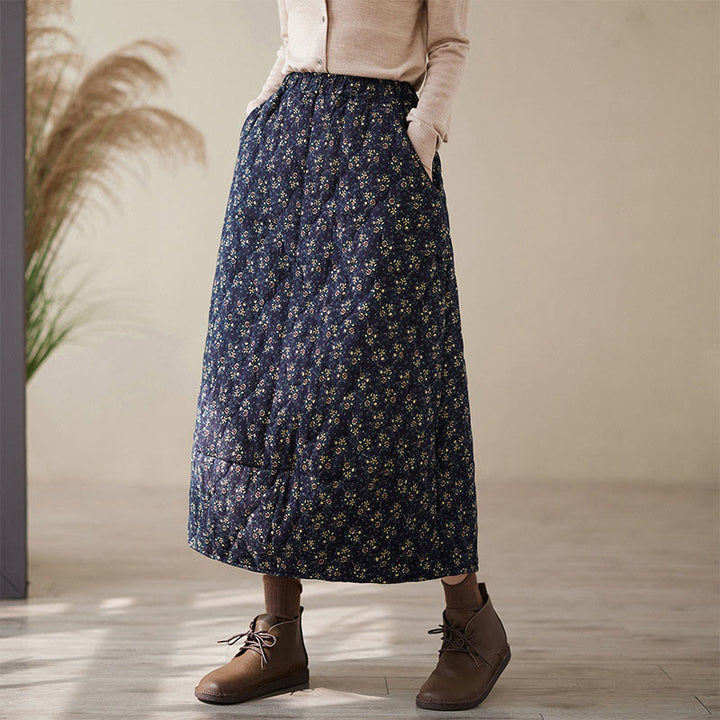 Falda midi de algodón con cintura elástica y bolsillos para mujer, con estampado floral vintage de Buddha Stones - image 3
