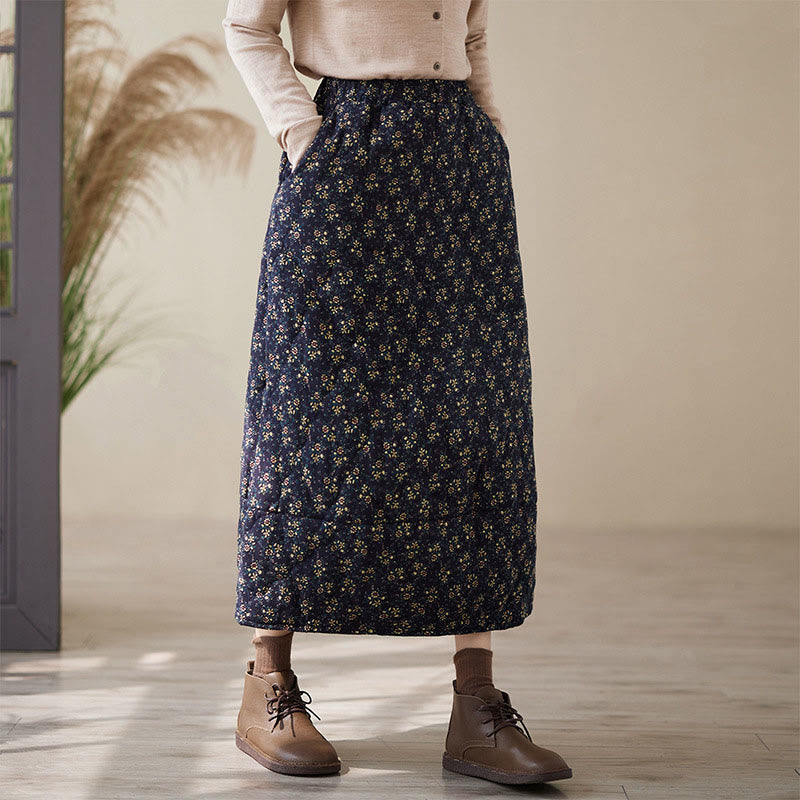 Falda midi de algodón con cintura elástica y bolsillos para mujer, con estampado floral vintage de Buddha Stones - image 1