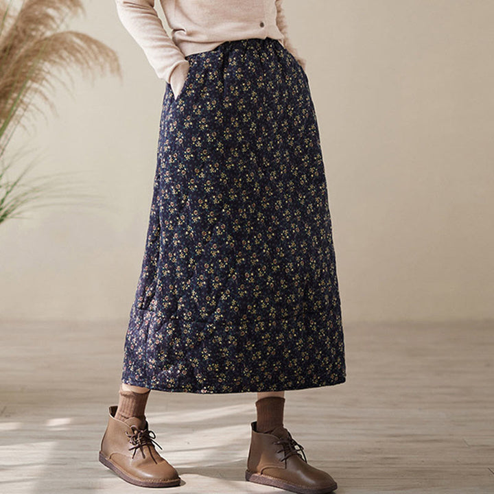 Falda midi de algodón con cintura elástica y bolsillos para mujer, con estampado floral vintage de Buddha Stones - image 2