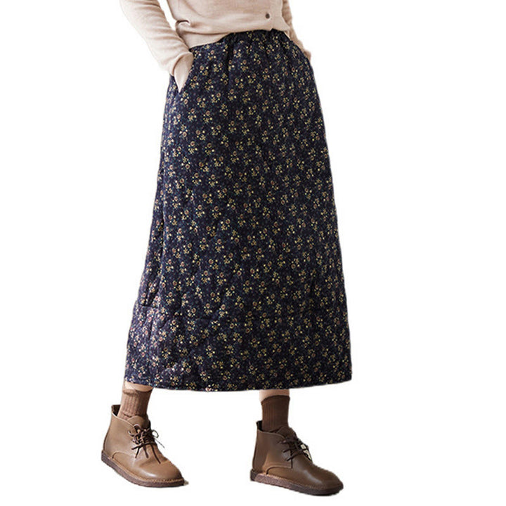 Falda midi de algodón con cintura elástica y bolsillos para mujer, con estampado floral vintage de Buddha Stones - image 4