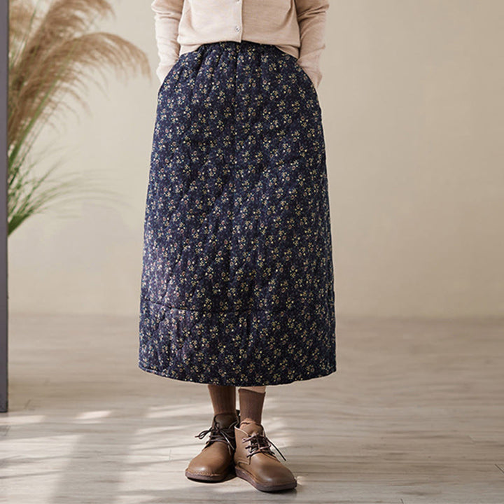 Falda midi de algodón con cintura elástica y bolsillos para mujer, con estampado floral vintage de Buddha Stones - image 5