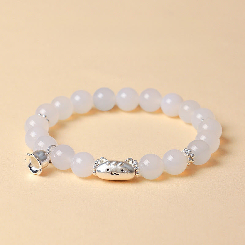 Pulsera con Buddha Stones en plata de ley 999 con cabeza de gato natural y ojo de gato blanco y ágata blanca. - image 10
