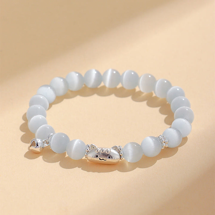 Pulsera con Buddha Stones en plata de ley 999 con cabeza de gato natural y ojo de gato blanco y ágata blanca. - Ojo de gato blanco (circunferencia de la muñeca: 13-15 cm) - image 0