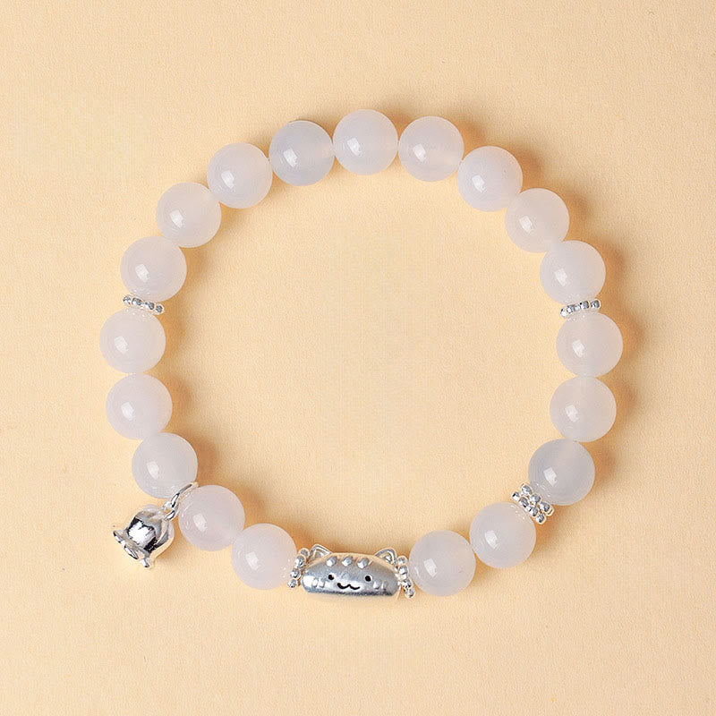 Pulsera con Buddha Stones en plata de ley 999 con cabeza de gato natural y ojo de gato blanco y ágata blanca. - Ágata blanca (circunferencia de la muñeca: 13-15 cm) - image 9