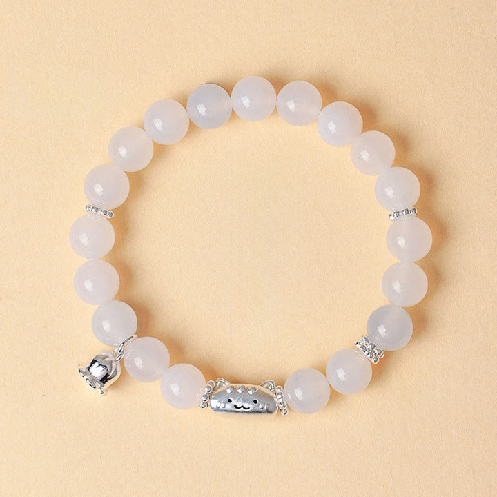 Pulsera con Buddha Stones en plata de ley 999 con cabeza de gato natural y ojo de gato blanco y ágata blanca. - Ágata blanca (circunferencia de la muñeca: 13-15 cm) - image 9