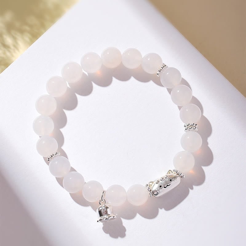 Pulsera con Buddha Stones en plata de ley 999 con cabeza de gato natural y ojo de gato blanco y ágata blanca. - image 11