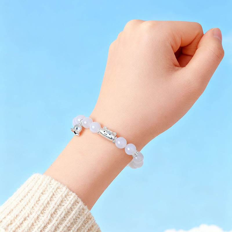 Pulsera con Buddha Stones en plata de ley 999 con cabeza de gato natural y ojo de gato blanco y ágata blanca. - image 14
