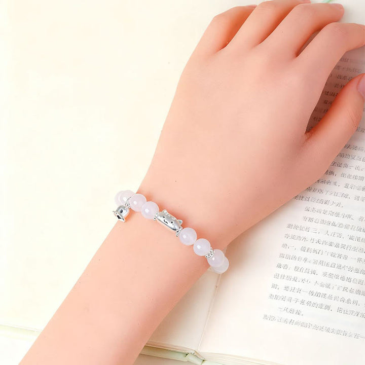 Pulsera con Buddha Stones en plata de ley 999 con cabeza de gato natural y ojo de gato blanco y ágata blanca. - image 13