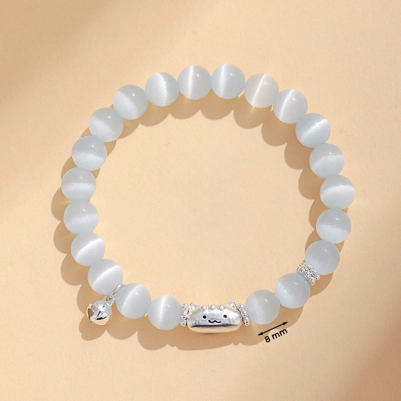 Pulsera con Buddha Stones en plata de ley 999 con cabeza de gato natural y ojo de gato blanco y ágata blanca. - image 3